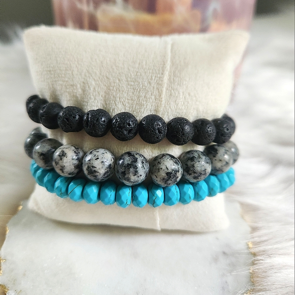 NWT Ryze Natural Lava Stone, Druzy, Larvikite, & Turquoise Bead Staxx Bracelets - Picture 4 of 6